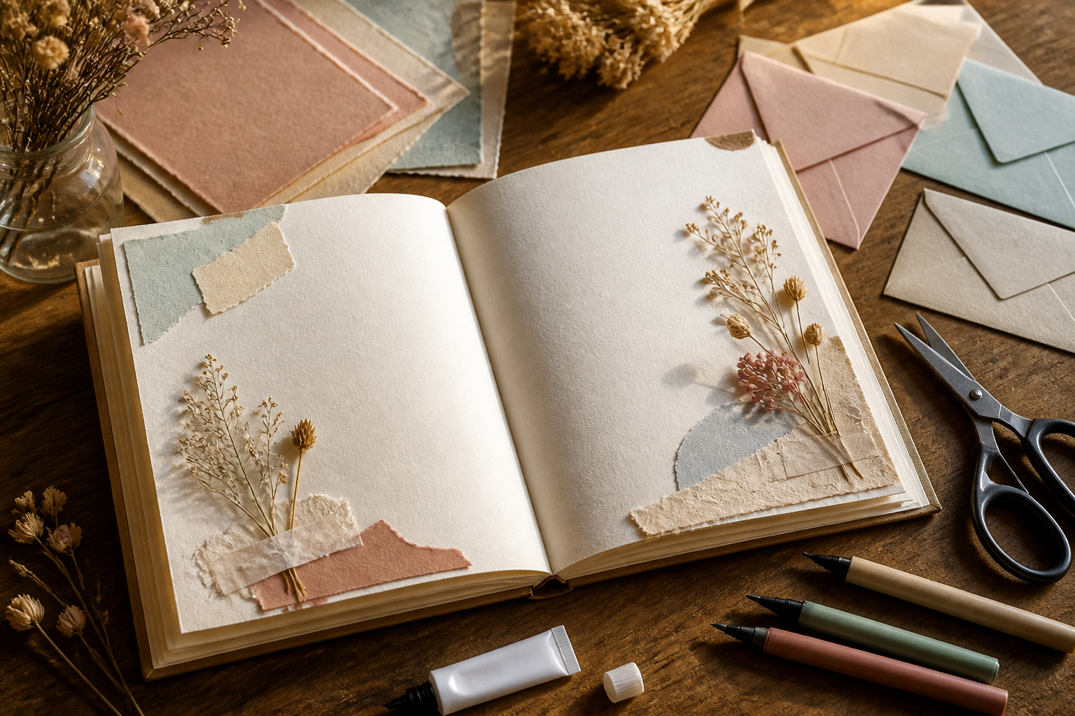 Kreatives Gästebuch mit Scrapbooking-Materialien auf einem Basteltisch