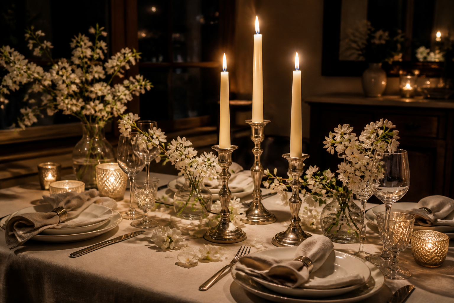 Kerzenhalter und warmes Kerzenlicht auf einer festlichen kleinen Tafel