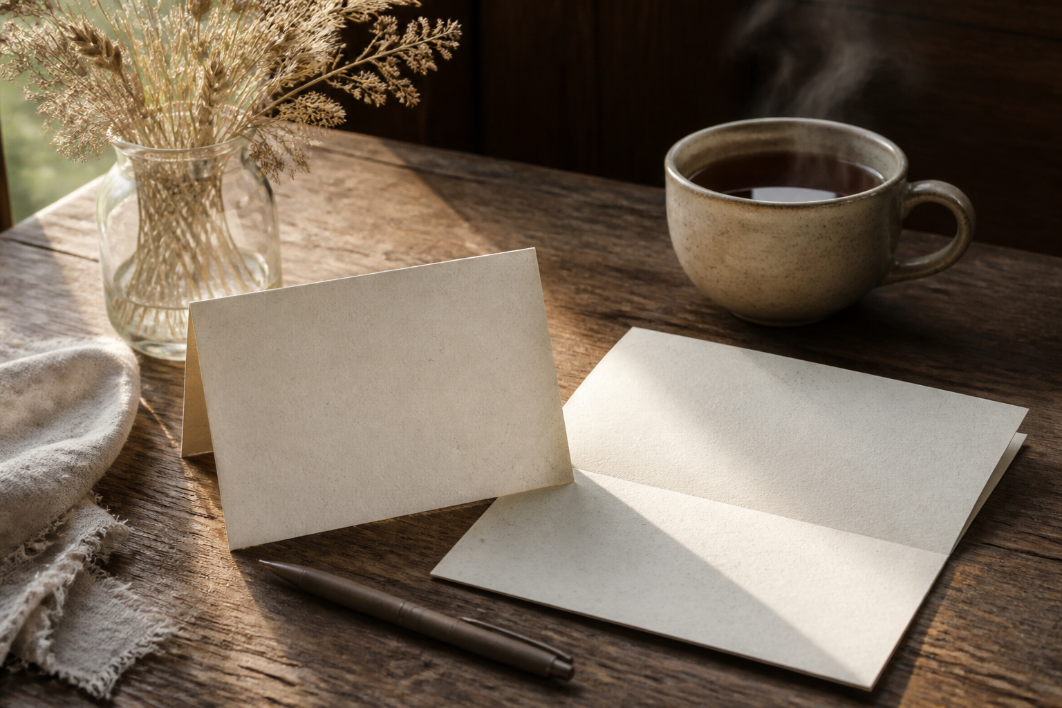 Handgeschriebene Grußkarte mit Stift und getrockneten Gräsern