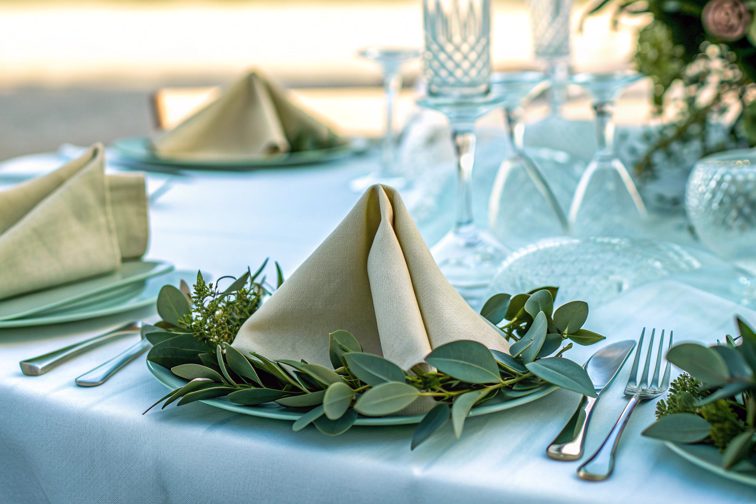 Stoffähnliche Servietten in Beige kunstvoll gefaltet auf einem Hochzeitstisch. Servietten aus Airlaid in Beige