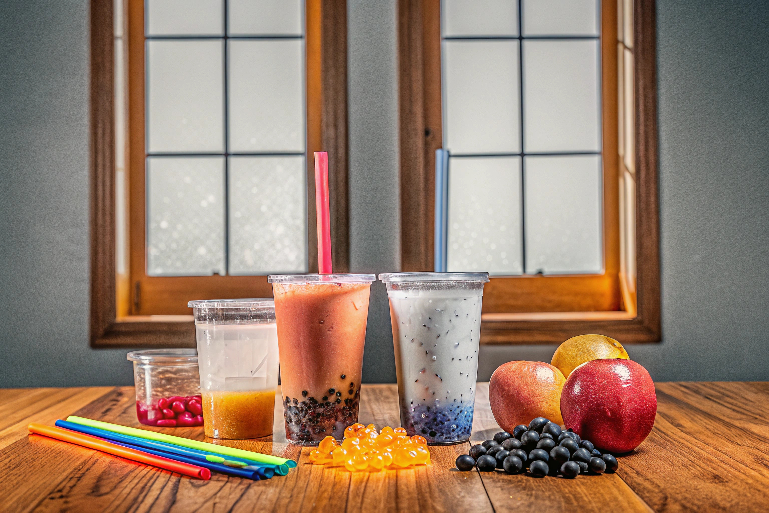 Teenager, die zusammen Bubble Tea mit einem DIY-Set zubereiten und genießen. Teenager machen Bubble Tea