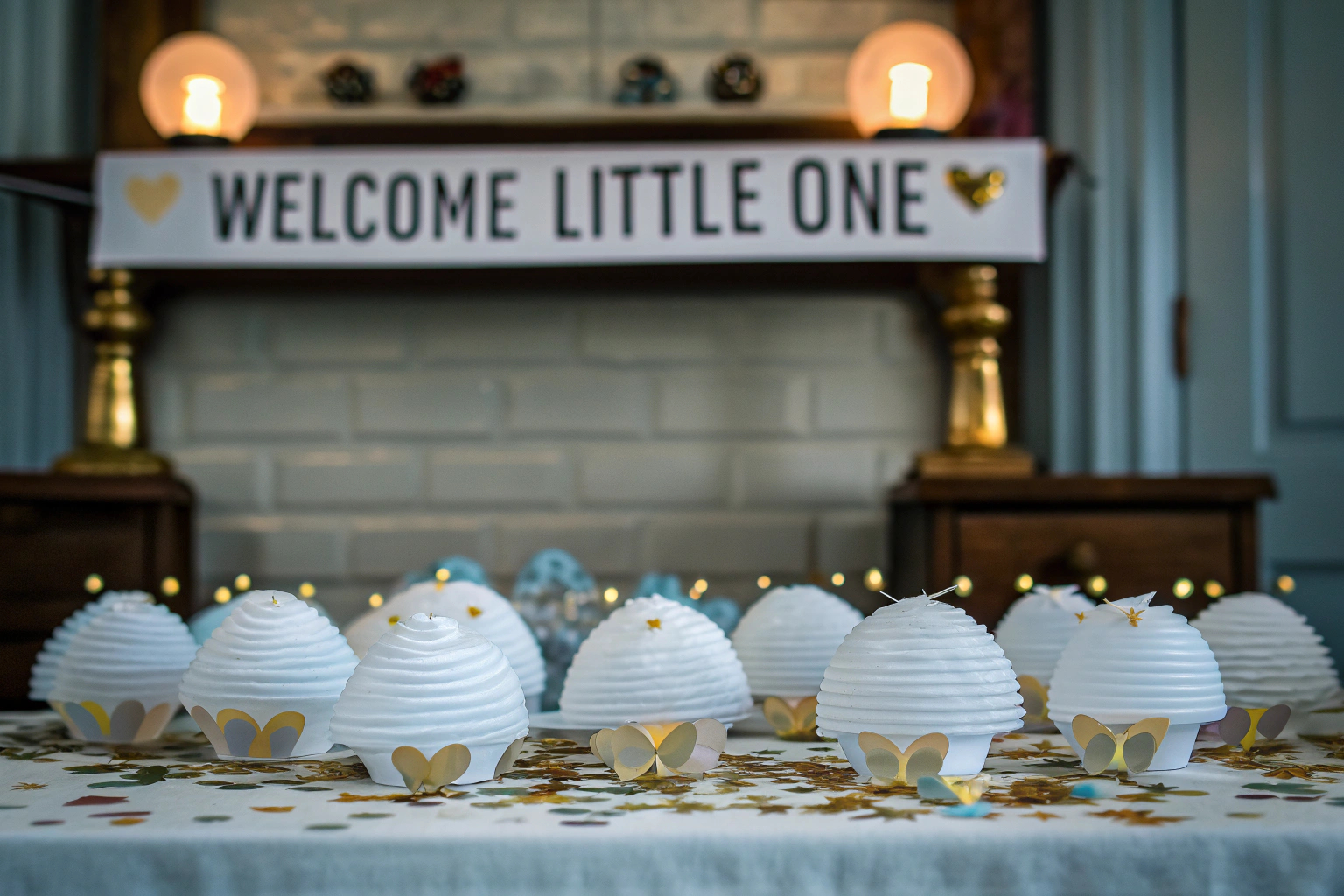 Tischdekorationen mit Konfetti und Bienenwaben-Mittelstücken auf einem festlichen Babyparty-Tisch. Stilvolle Tischdekoration für eine Babyparty