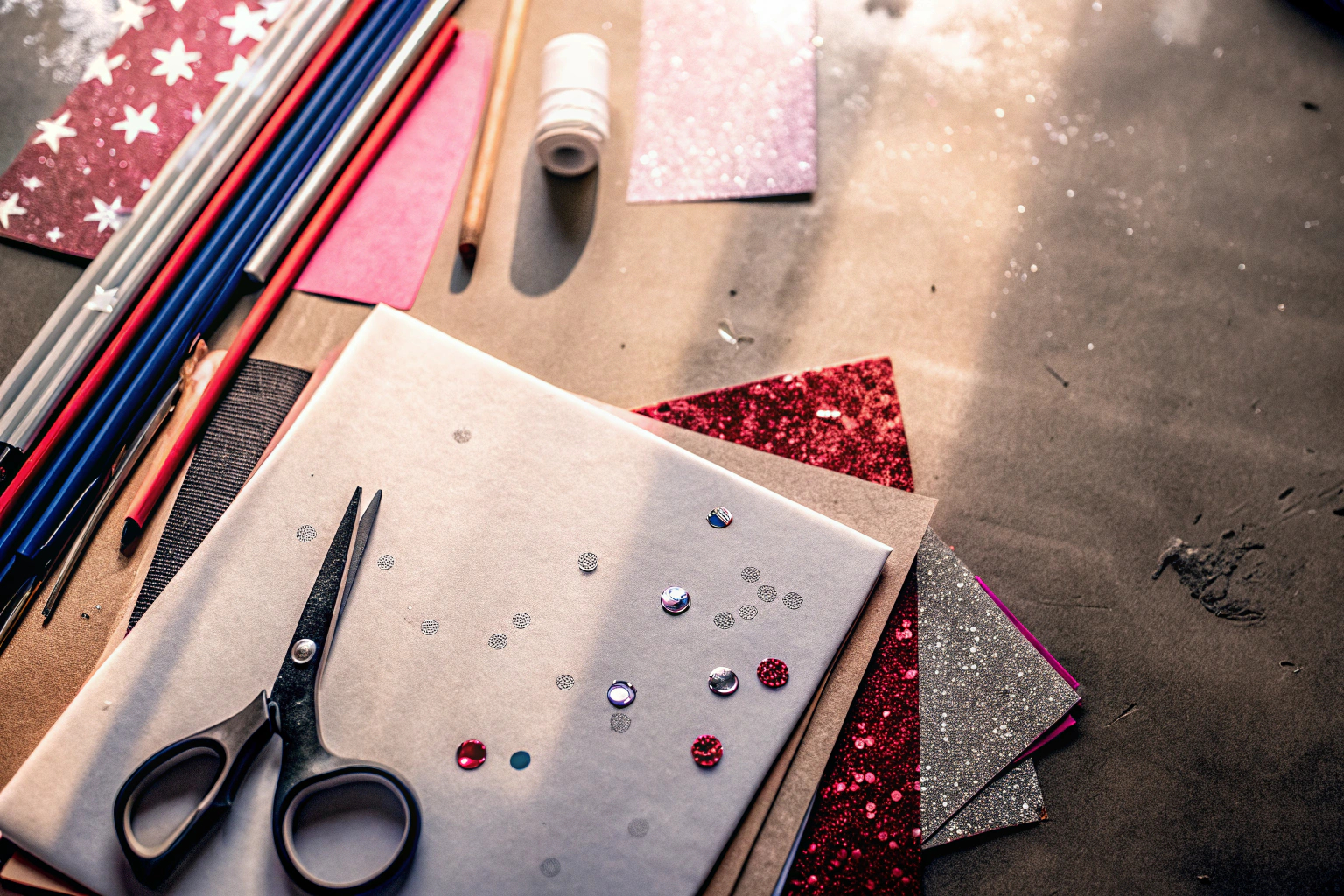 Verschiedene Bastelsets und Materialien auf einem Tisch, bereit für den Bastelspaß. Bastelsets für Kinder