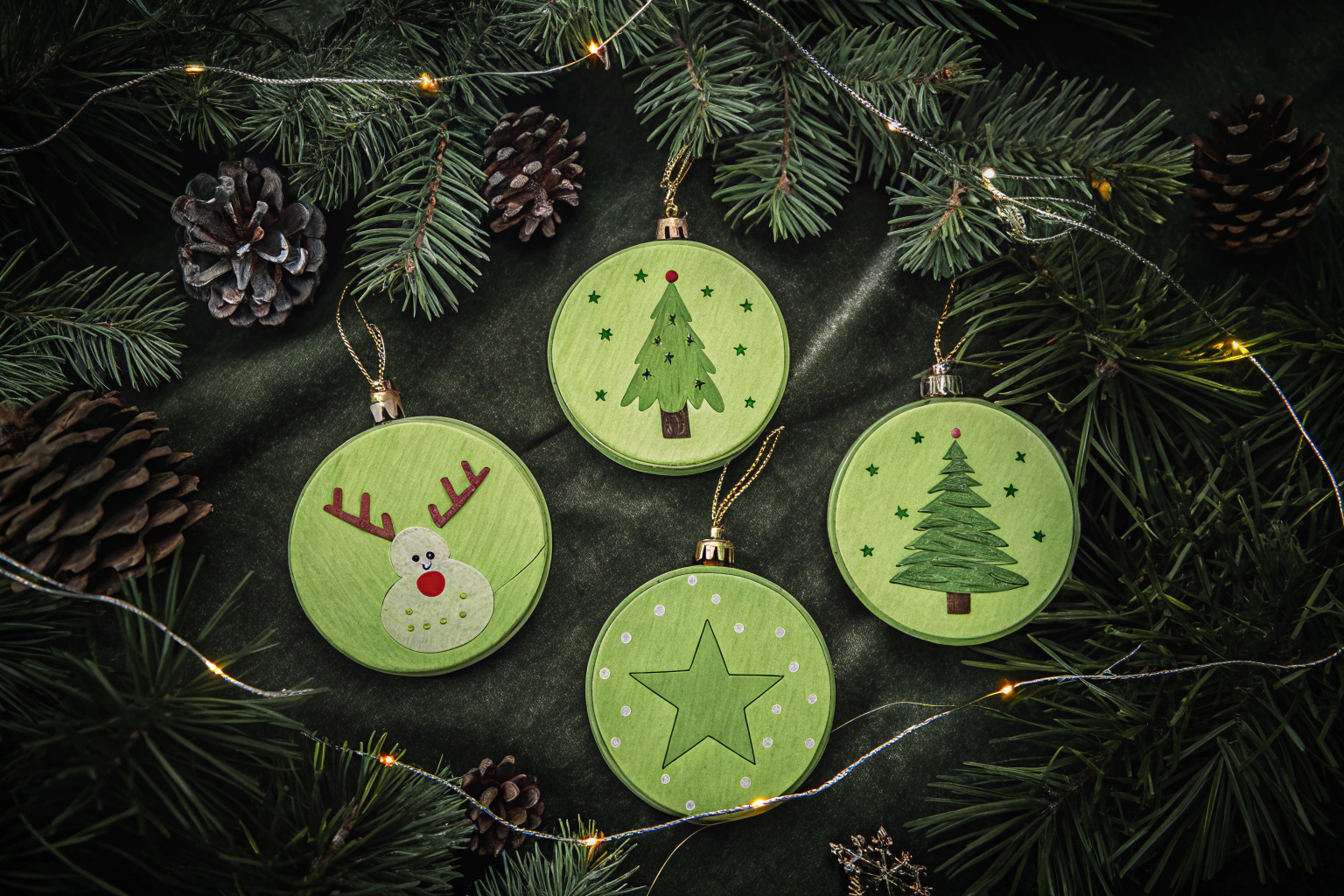 Verschiedene bemalte Holzanhänger, die als Christbaumschmuck verwendet werden. Bemalte Holzanhänger für den Weihnachtsbaum