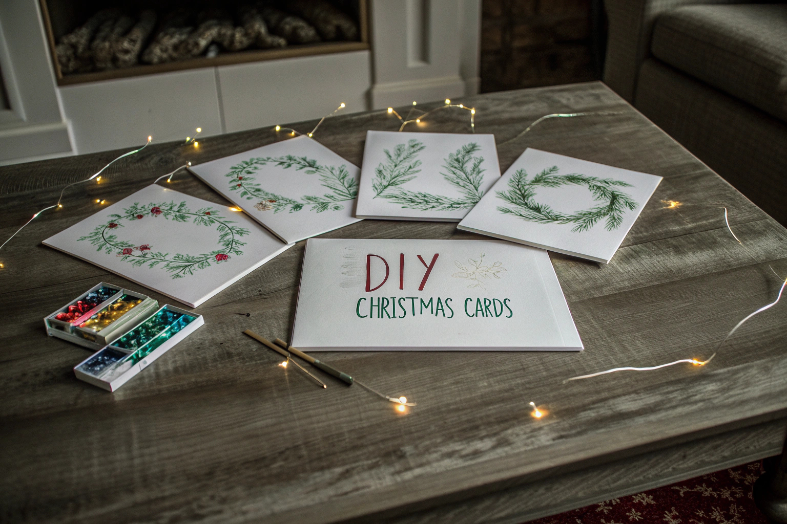 Verschiedene DIY Weihnachtskarten mit Aquarell und Handlettering. DIY Weihnachtskarten mit Aquarell und Handlettering