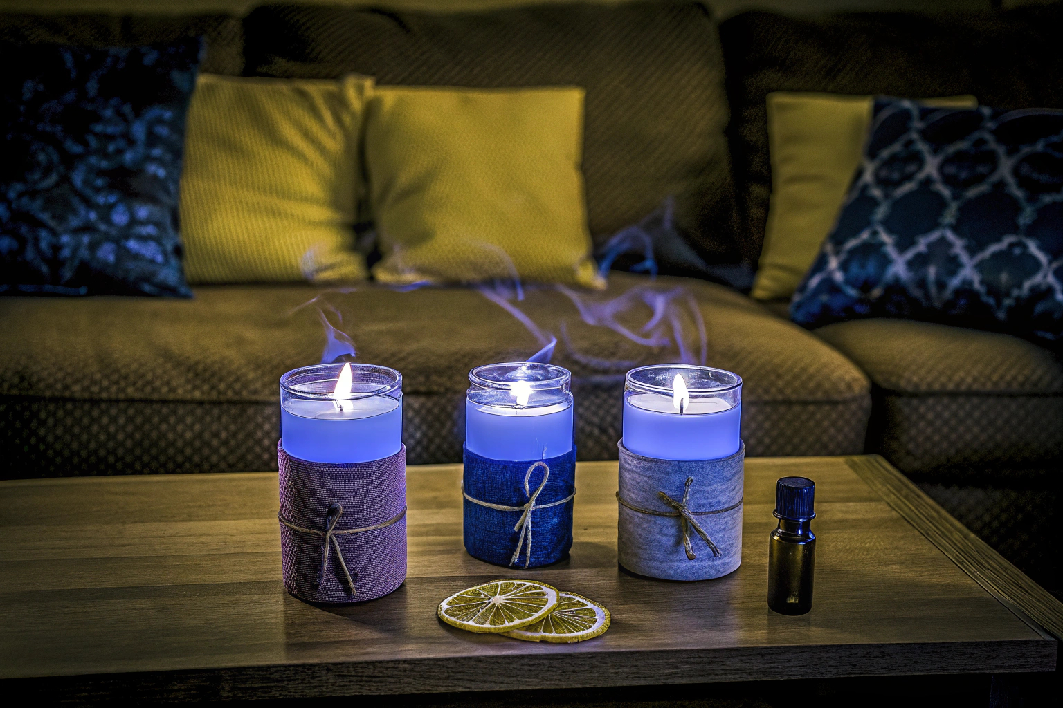 Verschiedene Duftkerzen in einem gemütlichen Wohnzimmer, umgeben von Kissen und einem warmen Licht. DIY-Duftkerzen in einem gemütlichen Wohnzimmer