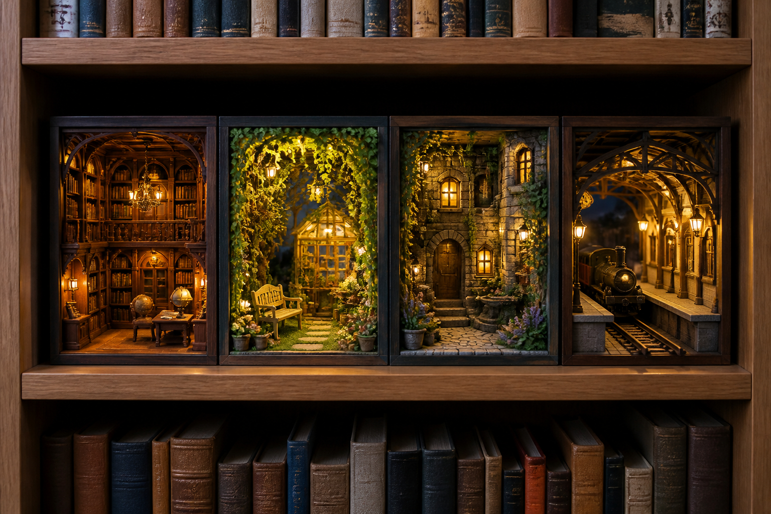 Verschiedene Book-Nook-Miniaturwelten im Bücherregal