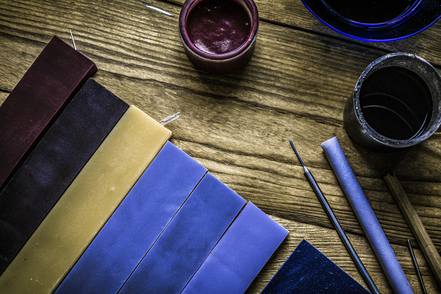 Verschiedene Materialien zur Kerzenherstellung, darunter Wachse, Dochte und Farben. Materialien zur Kerzenherstellung