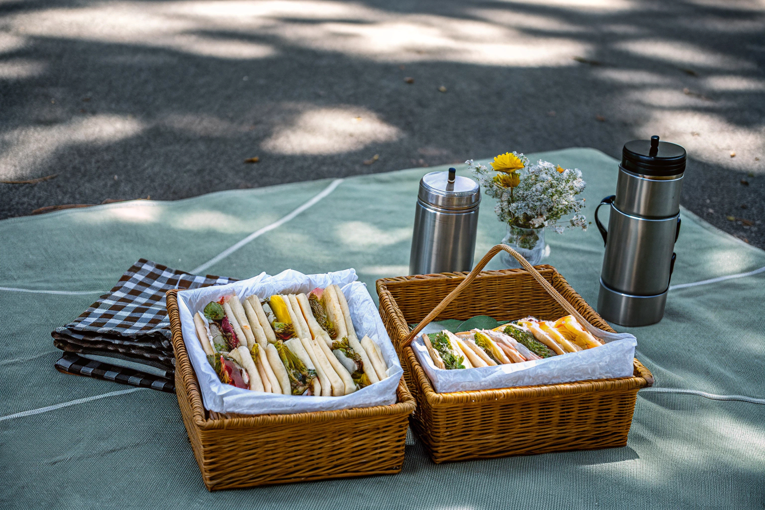 Verschiedene Picknickkörbe und Zubehör, bereit für das nächste Picknick-Abenteuer. Picknickkörbe und Zubehör