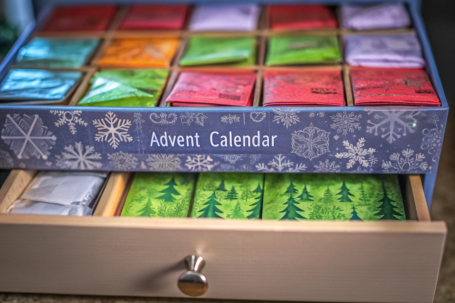 Verschiedene Teesorten in einem Adventskalender angeordnet. Tee Adventskalender