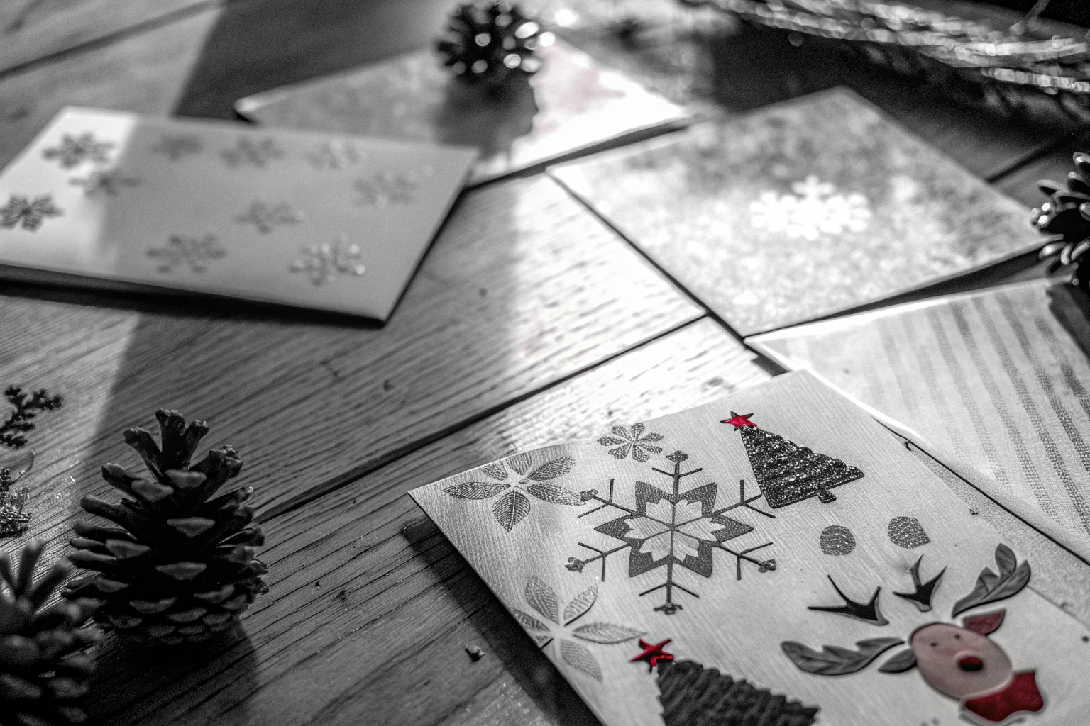 Verschiedene Weihnachtskarten auf einem Tisch ausgebreitet. Verschiedene Weihnachtskarten