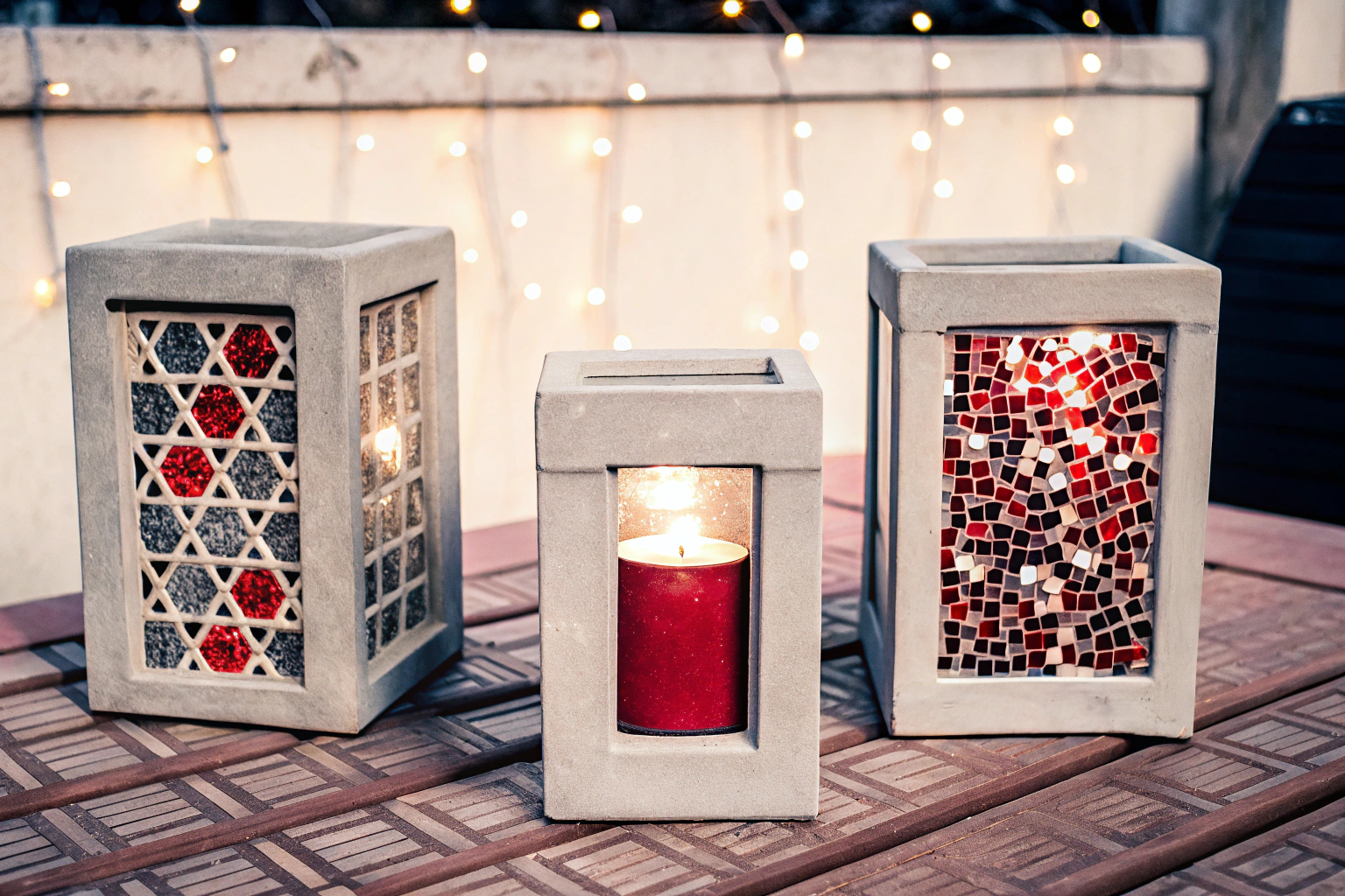 Verschiedene Windlichter aus Beton und Glas, dekoriert mit Farben und Mosaiksteinen, auf einem Tisch im Freien. Verschiedene DIY Windlichter